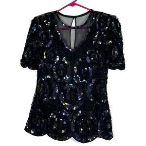 Vintage Laurence Kazar Sequin Short Sleeve Blouse Small EUC